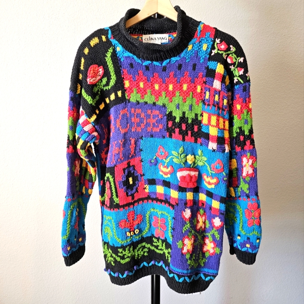 Celina Yang vintage Spring garden ABCD knit mock neck sweater Large